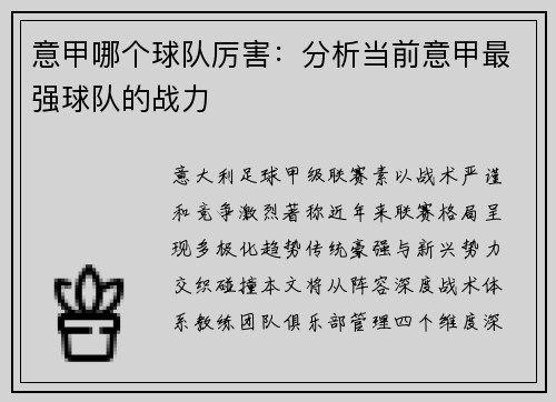 意甲哪个球队厉害：分析当前意甲最强球队的战力